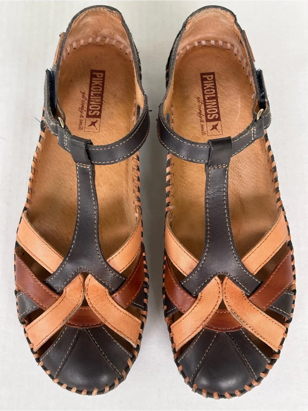 Pikolinos P Vallarta Navy Brown Leather T-Strap Semi Closed Toe Sandals EU 39